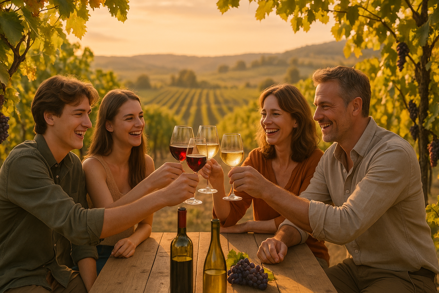 family of 4 people drinking wine in vineyard
