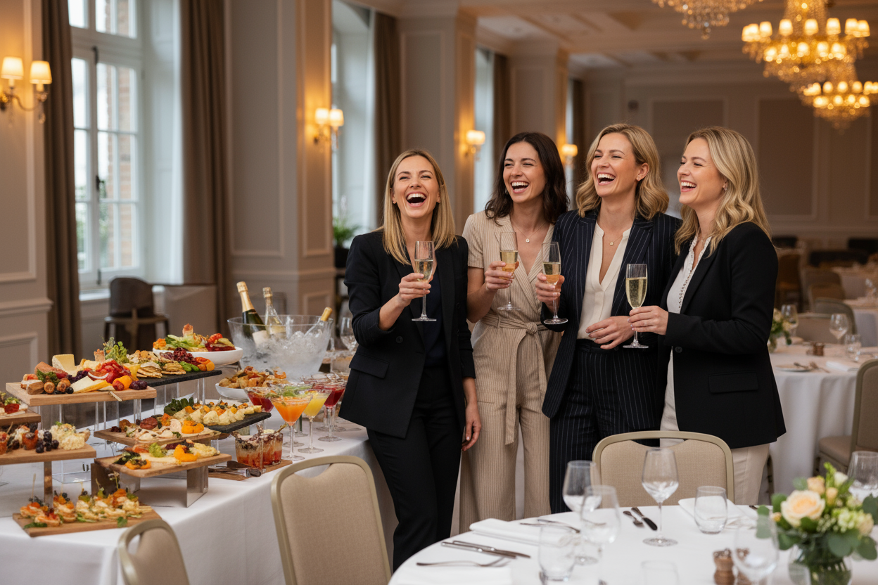 corporate event with cocktail drinks and buffet, four female employees laughing with champagne glasses
